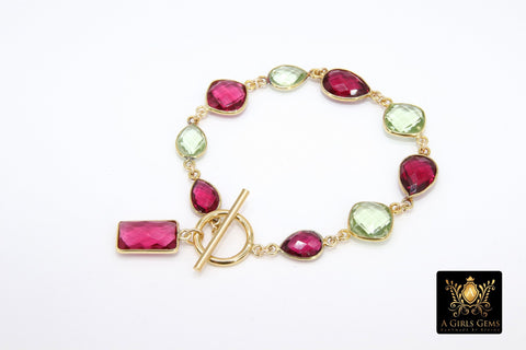 Pink Tourmaline Bracelet, Gold Filled Green Amethyst Gemstone Toggle Bar Bracelet, Boho Stacking Bracelet with Charm by Regina Harp Designs