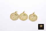 Gold Coin Charm, 4 Styles CZ Pave Round Disc Charms #2655, Athena Owl