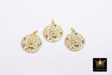 Gold Coin Charm, 4 Styles CZ Pave Round Disc Charms #2655, Athena Owl