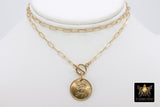 Coin Necklace, Medallion 14 K Gold Toggle Double Wrap Lion Tiger Choker, Queen Elizabeth Rectangle Chain