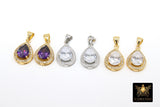 CZ Oval Charms, Clear Round Bezels Pendants with Bail #2725, Silver Gemstone Pear Shapes for Necklace or Earrings