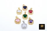 CZ Square Charms, Clear Crystal Drop Bezels #2664, Silver Gemstone Rectangle Shape Pendants