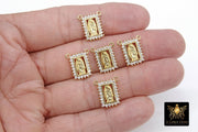 CZ Pave Gold Scapular Charms, Mini Rectangle Virgin Mary Pendants # 643, Jesus Connectors