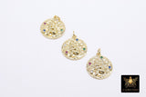 Gold Coin Charm, 4 Styles CZ Pave Round Disc Charms #2655, Athena Owl