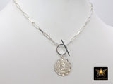 Silver Virgin Mary Coin Necklace, 925 Sterling Silver Medal Toggle Wrap Necklace, Paperclip Rectangle Chain