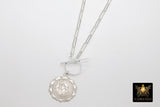 Silver Virgin Mary Coin Necklace, 925 Sterling Silver Medal Toggle Wrap Necklace, Paperclip Rectangle Chain