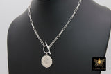 Silver Virgin Mary Coin Necklace, 925 Sterling Silver Medal Toggle Wrap Necklace, Paperclip Rectangle Chain