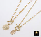 Religious Medal Toggle Coin Necklace, Genuine 14 K Gold Filled Paperclip Chain Necklace #2606, St Christopher Choker