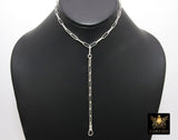 925 Sterling Silver Fob Lariat Necklace, Silver Drawn Rectangle Chain, Front Swivel Clasp Choker