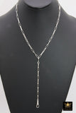 925 Sterling Silver Fob Lariat Necklace, Silver Drawn Rectangle Chain, Front Swivel Clasp Choker