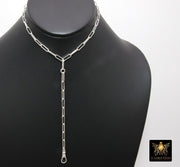 925 Sterling Silver Fob Lariat Necklace, Silver Drawn Rectangle Chain, Front Swivel Clasp Choker