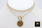 Coin Necklace, Medallion 14 K Gold Toggle Double Wrap Choker, Cross Coin - 14 Inch / #7 Lobster
