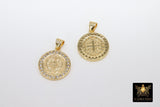 St. Benito Charms, CZ Pave Cross St. Benedict Charm AG 2733, Gold Plated Round Medallion Medals
