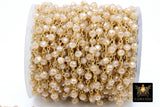 Creamy Beige Gold Rosary Chain, 4 mm Chains for Jewelry CH #412, Wire Wrapped Crystal AB