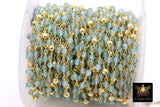 Aquamarine Rosary Chain, 4 mm Gold Faceted Pyrite Beaded, Wire Wrapped Aqua Blue by the Foot