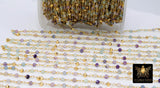22k Gold Plated Amethyst Chain, Pyrite 4 mm Chains for Jewelry Making, Wire Wrapped Purple Beads Unfinished Chains