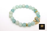 CZ Frog Bracelets, Genuine Amazonite Blue Beaded Stretchy Bracelet, Gold Frog Animal Stretch Cord