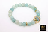 CZ Frog Bracelets, Genuine Amazonite Blue Beaded Stretchy Bracelet, Gold Frog Animal Stretch Cord