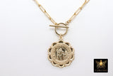 Silver Virgin Mary Coin Necklace, 925 Sterling Silver Medal Toggle Wrap Necklace, Paperclip Rectangle Chain