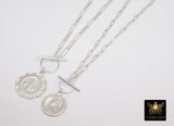 Silver Virgin Mary Coin Necklace, 925 Sterling Silver Religious Medal Toggle Wrap Necklace, Paperclip Rectangle Chain