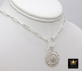 Silver Virgin Mary Coin Necklace, 925 Sterling Silver Medal Toggle Wrap Necklace, Paperclip Rectangle Chain