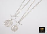 Silver Protection Coin Chain Necklace, 925 Sterling St. Christopher Toggle Double Wrap Choker, Paper Clip Rectangle Chain