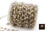 White Chain, 4 mm Light Gray White AB Beaded Chain CH #422, Gold Wire Wrapped Opalite