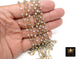 White Rosary Chain, 4 mm Light Gray White AB Beaded Chain CH #422, Gold Wire Wrapped Opalite