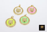 Enamel Tiger Head Charm, White and Gold Lion Head #2667, Round Disc Pink Green or Yellow