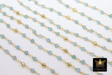 Natural Apatite Chain, 4 mm Gold Faceted Pyrite Beaded, Wire Wrapped Aqua Mint Blue by the Foot