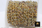 22 k Gold Natural Flourite Chain, Unfinished 4 mm Gold Pyrite Beaded Wire Wrapped RS #95, Mint Aqua Purple Diamond Cut Gemstones