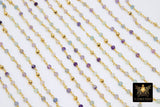 22 k Gold Natural Flourite Rosary Chain, Unfinished 4 mm Gold Pyrite Beaded Wire Wrapped RS #95, Mint Aqua Purple Diamond Cut Gemstones