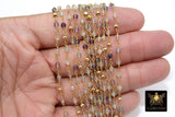 22 k Gold Natural Flourite Rosary Chain, Unfinished 4 mm Gold Pyrite Beaded Wire Wrapped RS #95, Mint Aqua Purple Diamond Cut Gemstones