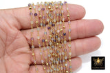 22 k Gold Natural Flourite Rosary Chain, Unfinished 4 mm Gold Pyrite Beaded Wire Wrapped RS #95, Mint Aqua Purple Diamond Cut Gemstones