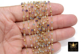 22k Gold Plated Amethyst Rosary Chain, Pyrite 4 mm Chains for Jewelry Making, Wire Wrapped Purple Beads Unfinished Chains