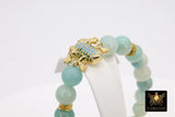 CZ Frog Bracelets, Genuine Amazonite Blue Beaded Stretchy Bracelet, Gold Frog Animal Stretch Cord