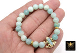 CZ Frog Bracelets, Genuine Amazonite Blue Beaded Stretchy Bracelet, Gold Frog Animal Stretch Cord