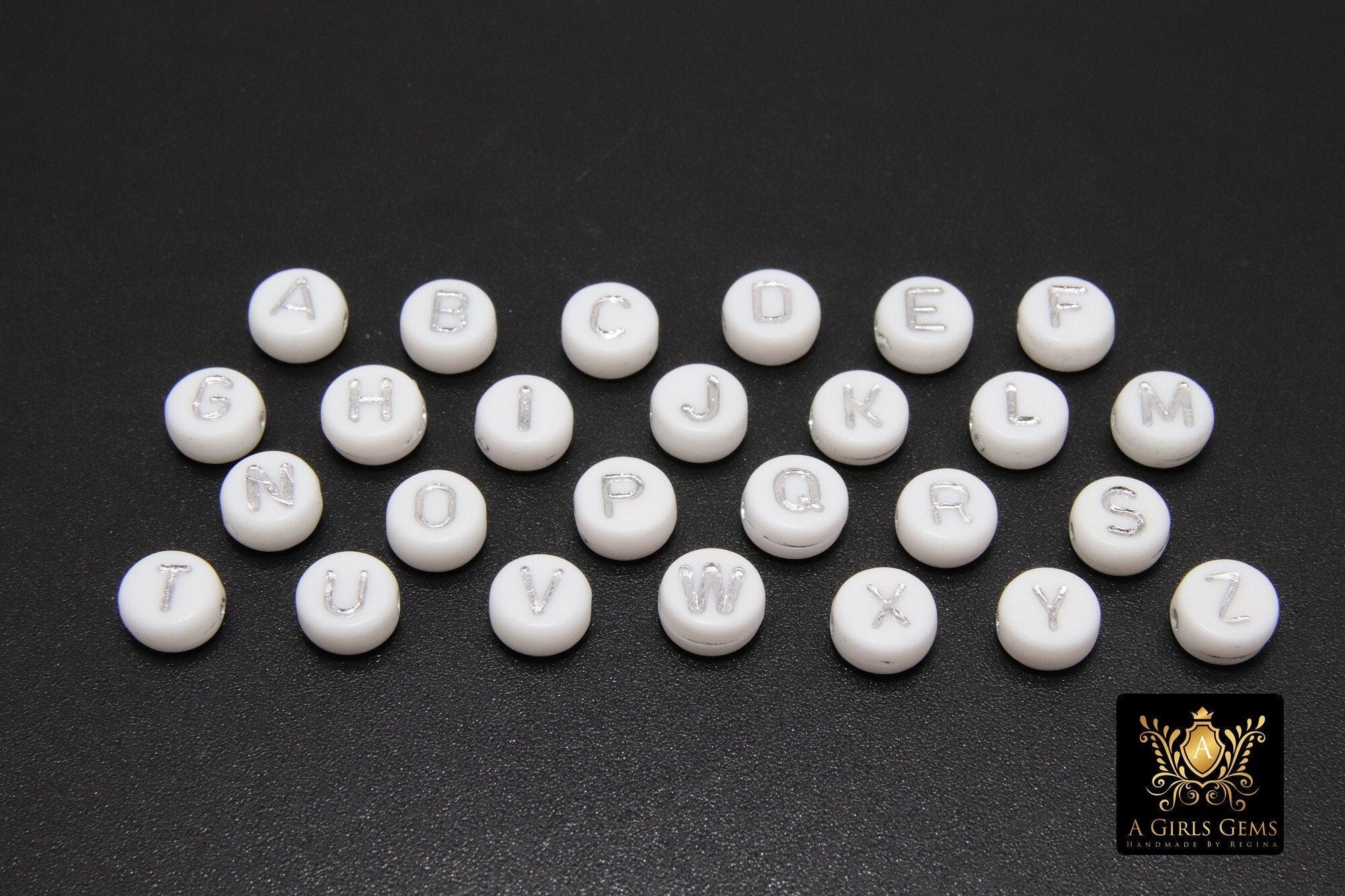 Silver Initial Acrylic Beads, Alphabet Letter in White and Silver Letters #688, 200 Pc Flat Round Initial Bracelet beads