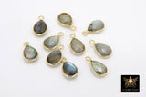 Labradorite Teardrop Charms, Gold Plated Oval Flash Gemstones #2856, Sterling Silver Gray Pendants