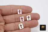 Gold Cross Charms, 9 mm Rectangle Tiny Charms in Pink or White Enamel #824, Religious Rosary Bracelet