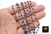 Sapphire Blue Crystal  Chain, 4 mm Unfinished Navy Beaded Chain CH #425, Gold or Gunmetal Black Plated Wire Wrapped