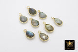 Labradorite Teardrop Charms, Gold Plated Oval Flash Gemstones #2856, Sterling Silver Gray Pendants