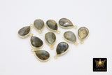 Labradorite Teardrop Charms, Gold Plated Oval Flash Gemstones #2856, Sterling Silver Gray Pendants