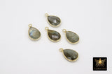 Labradorite Teardrop Charms, Gold Plated Oval Flash Gemstones #2856, Sterling Silver Gray Pendants