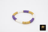 LSU Heishi Beaded Bracelet, 6 mm Purple White Gold Stretchy Bracelet #795, California Tigers Mom Team Spirit Clay Beaded Bangles