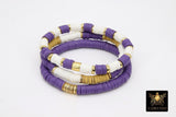 LSU Heishi Beaded Bracelet, 6 mm Purple White Gold Stretchy Bracelet #795, California Tigers Mom Team Spirit Clay Beaded Bangles