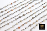 Multi Moonstone Rosary Chain, Unfinished 4 mm Beaded Beige CH #530, Gray Ivory Black Wire Wrapped Chains