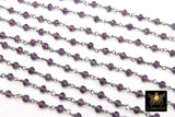 Amethyst Rosary Chain, 4 mm Purple Crystal Beaded Chains CH #306, Gunmetal Black Wire Wrapped