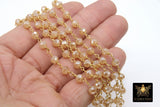 Creamy Beige Rosary Chain, 6 mm Chains for Jewelry CH #414, Gold Wire Wrapped