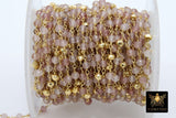 22 k Gold Natural Strawberry Quartz Chain, Unfinished 4 mm Gold Pyrite Beaded Wire Wrapped Pink by the Foot Diamond Cut Gemstone